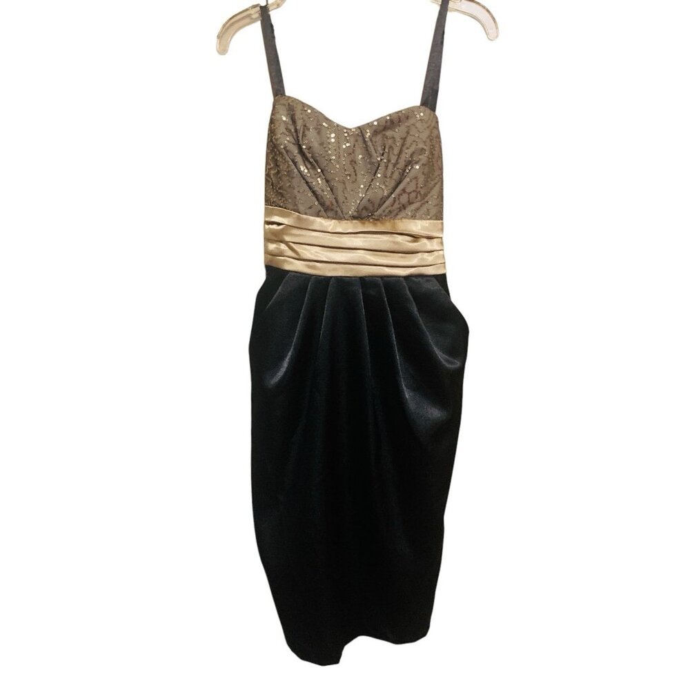 IZ Byer Junior's 7 Dress Sleeveless Formal Gold Sash Black Sequin Pleat Back Zip